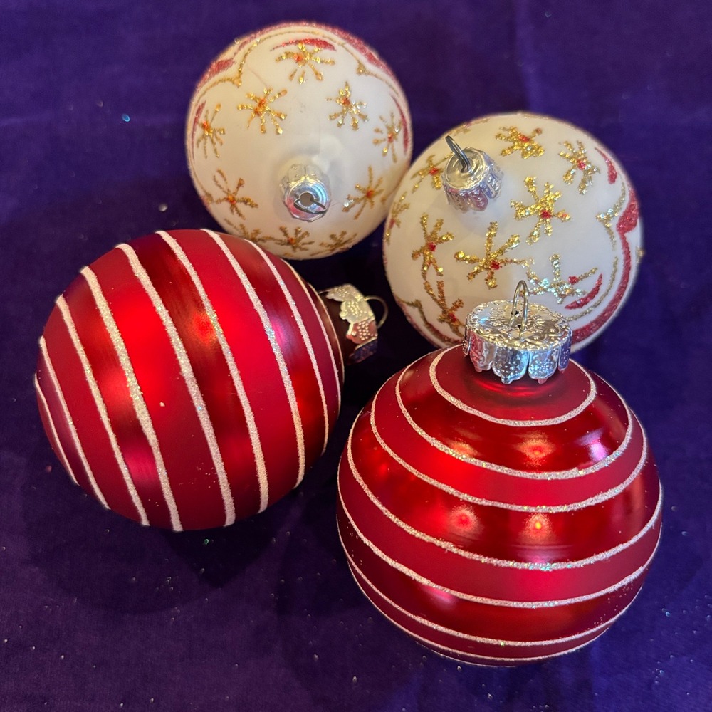 Vintage Glass Glitter Stripe and Snowflake Christmas Ball Ornaments Set of 4